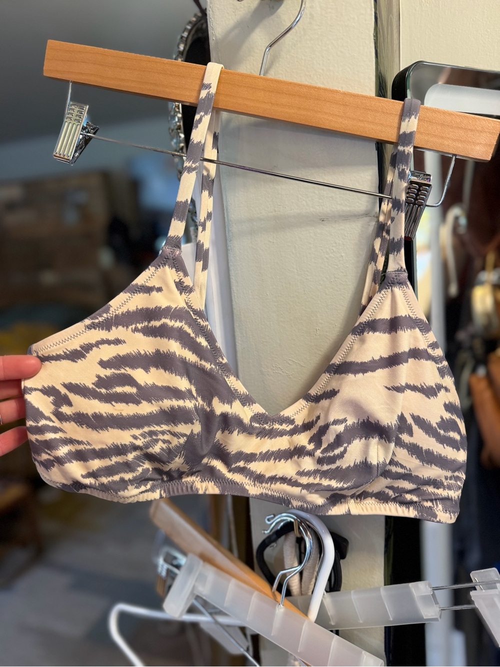 aerie Cream and Gray Zebra-Print Bikini Top